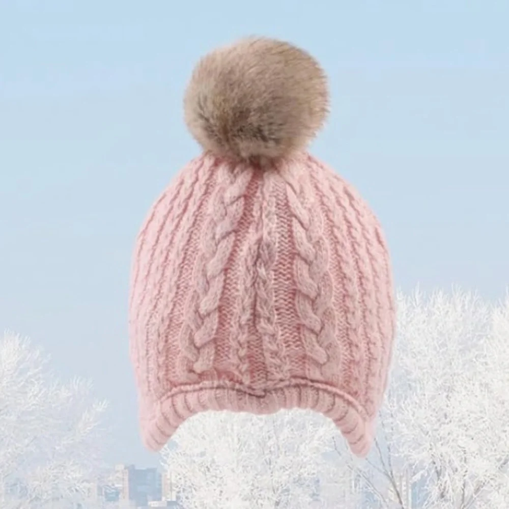 NEW! Baby Beanie Hat Infant Earflap Cap with Pom Pom Polyester Lined Pink